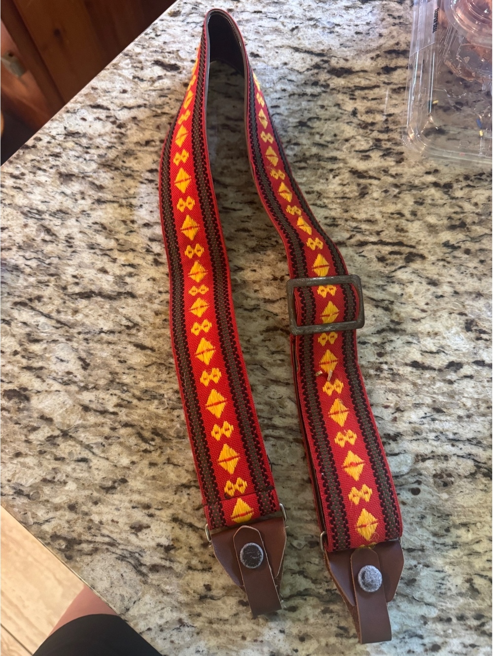VINTAGE WOVEN LEATHER GUITAR STRAP RED AND YELLOW